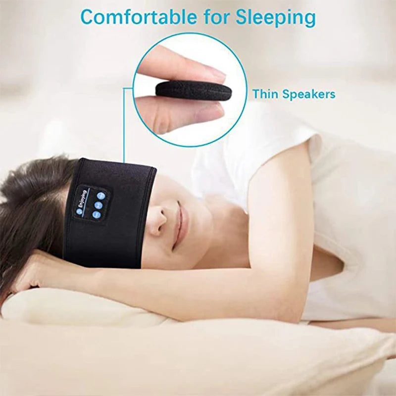 Person sleeping with a black sleep mask on, highlighting thin speakers feature.