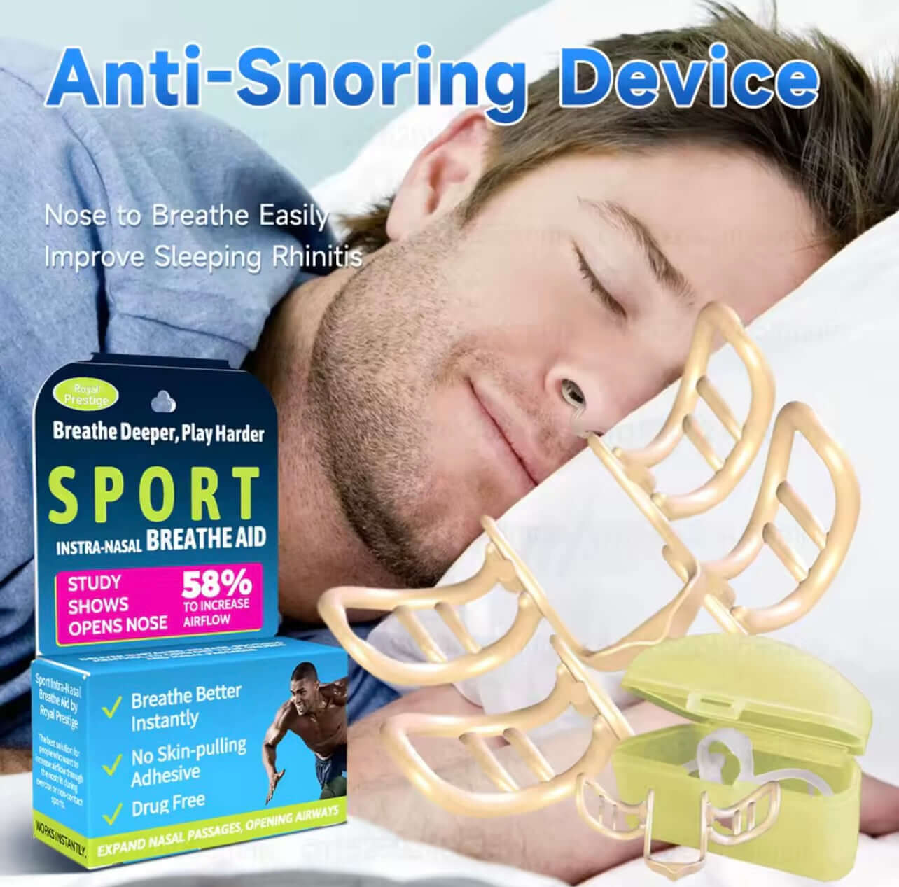 Man sleeping with an anti-snoring device and a breathe aid product on a white background