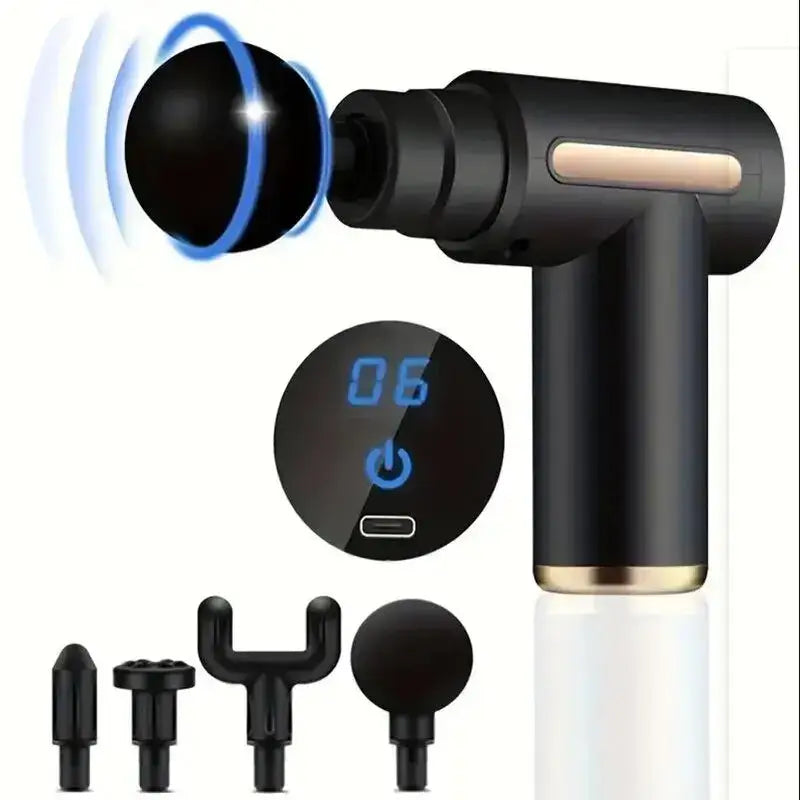 Electric percussion massage gun with attachment heads for deep tissue muscle relief and recovery.