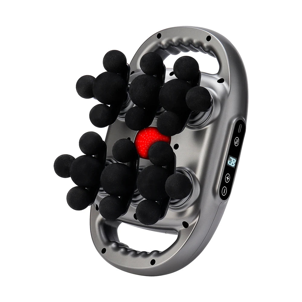 gray 22 head fascia massage gun with Black nodes and a red light center on a white backgroundbackground