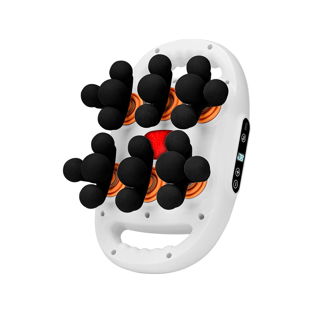 white 22 head fascia massage gun with black nodes and a red light center on a white background