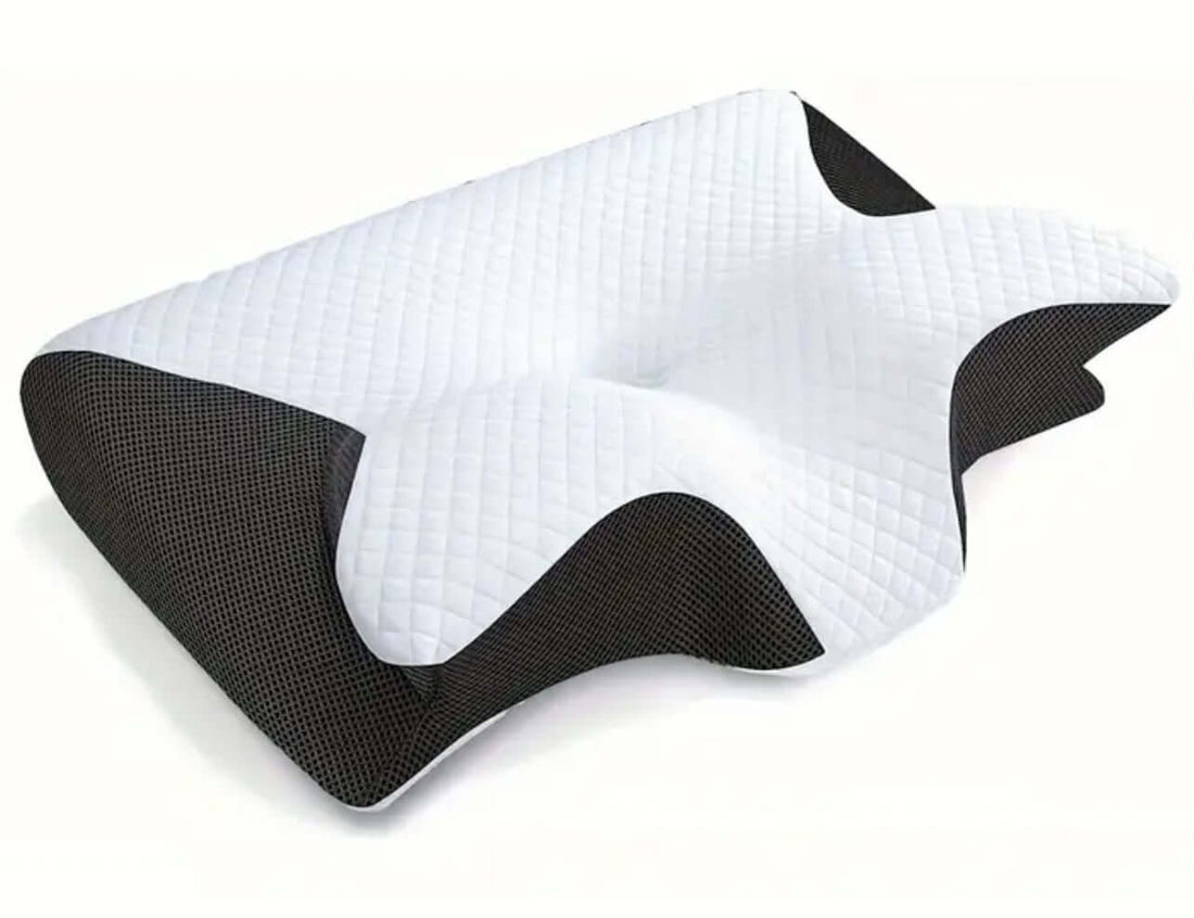 White and black pillow on a white background