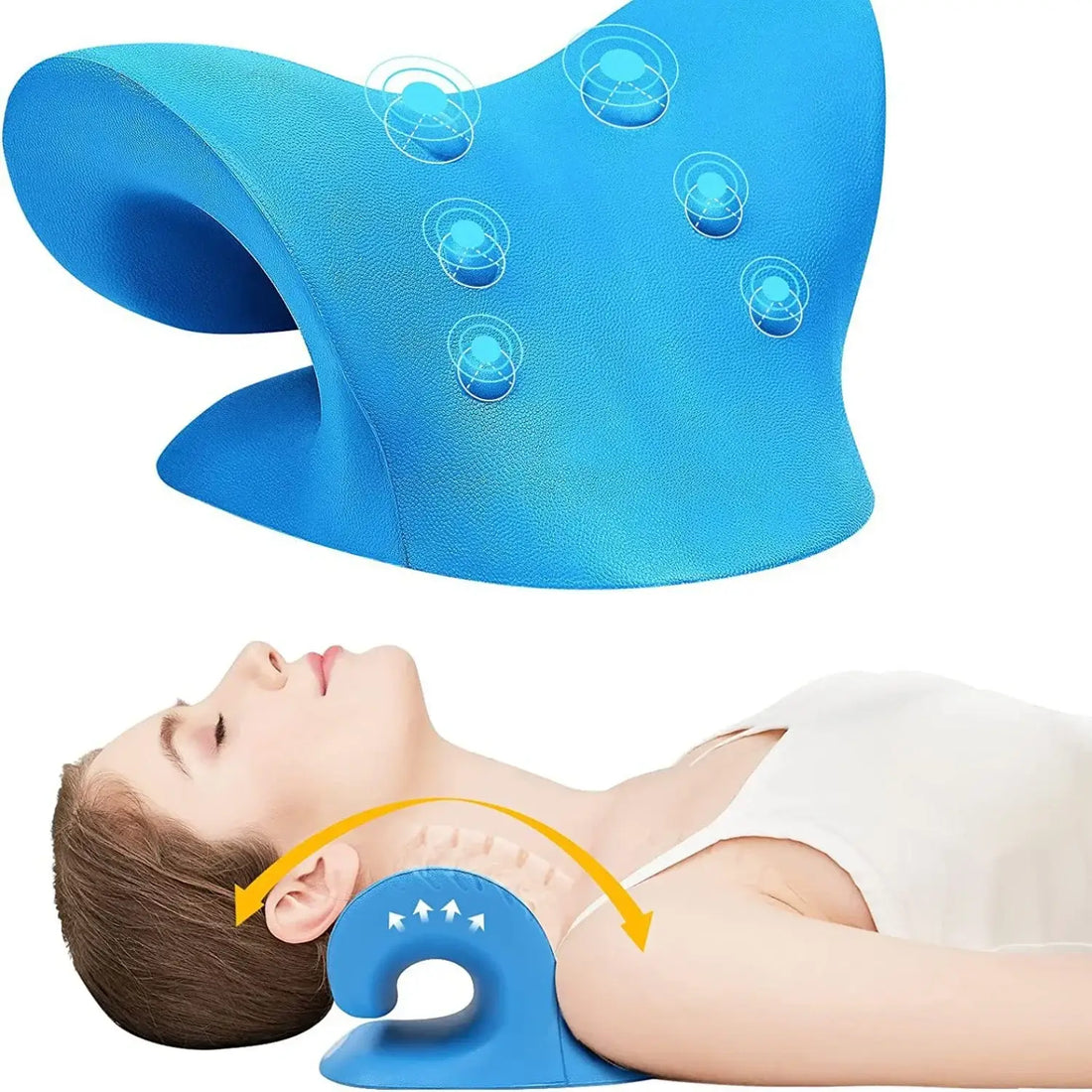 Person using a cervical spine repair device with usage instructions displayed.d