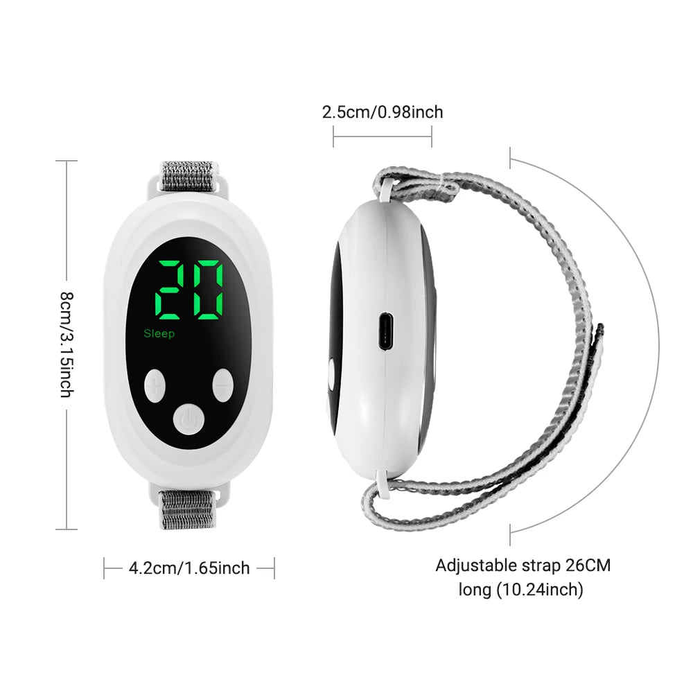 Palm sleep massager with USB cable and packaging on a white background