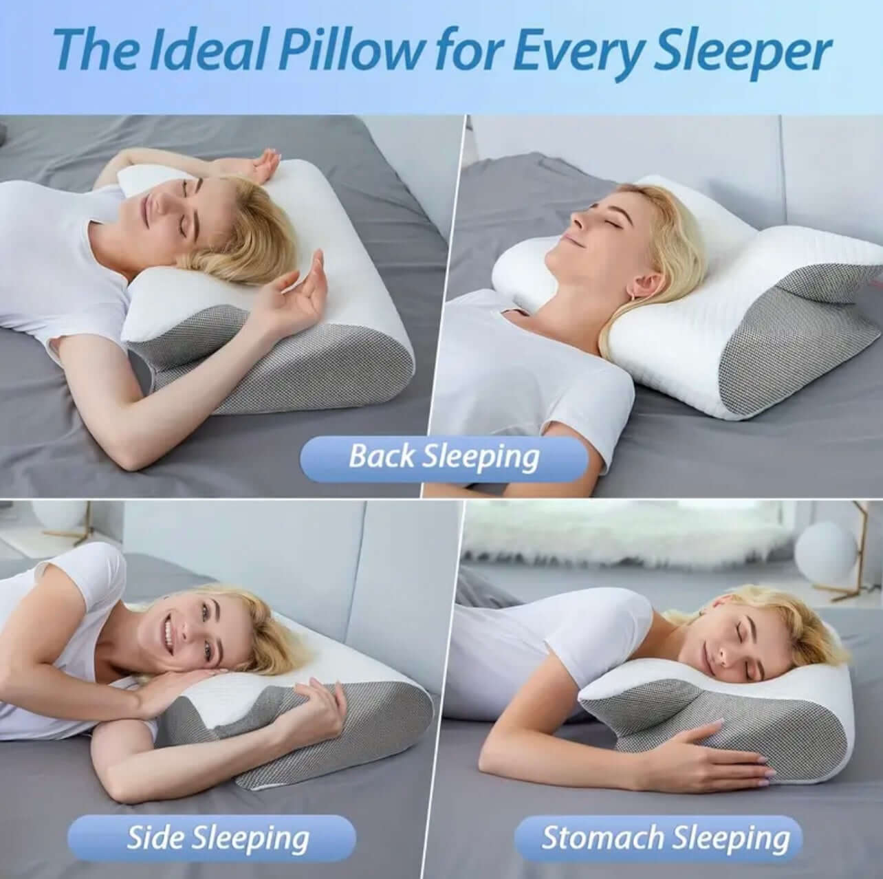 Woman using a pillow for back, side, and stomach sleeping positions on a bed.
