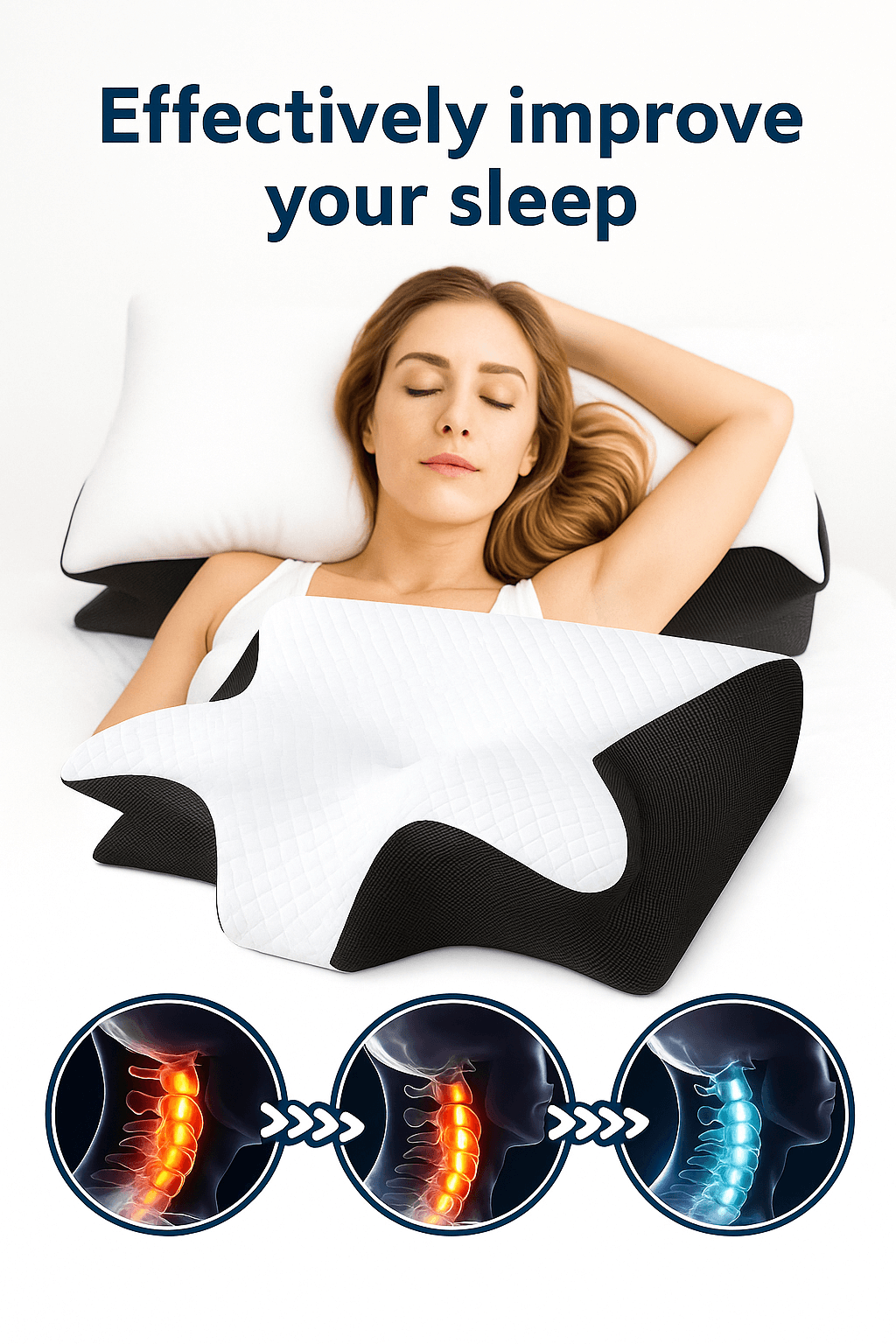 Woman using a unique shaped pillow with text 'Effectively improve your sleep' and illustrations of spine alignment.