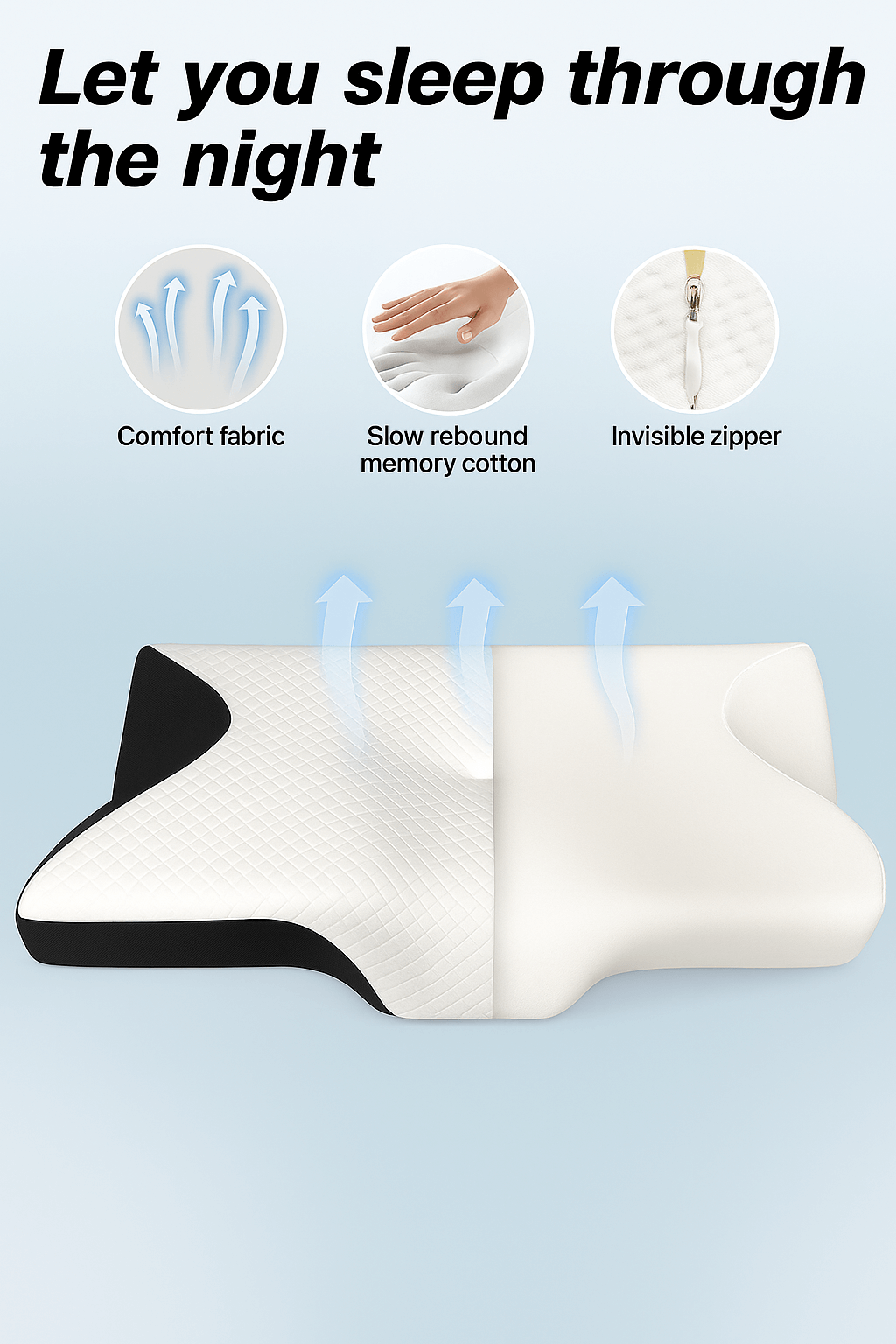 Cervical pillow with features highlighted on a light blue background
