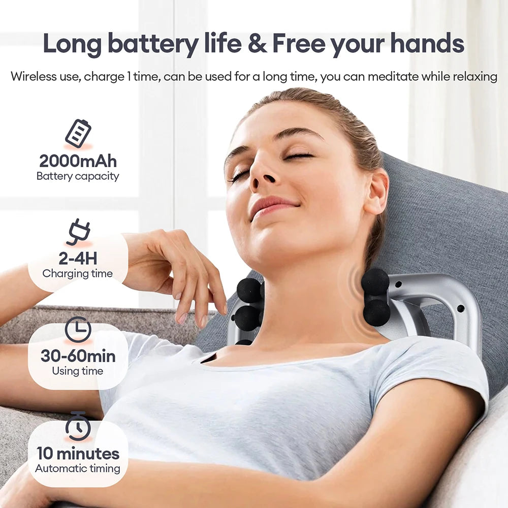 Woman using a neck massager with product features highlighted