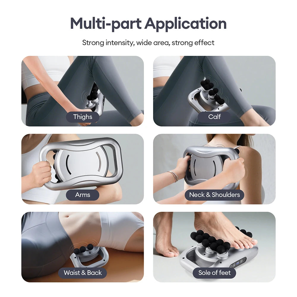 Massage device being used on different parts of the body with labeled areas.