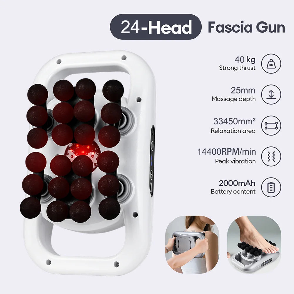24-Head Fascia Gun with specifications on a white background