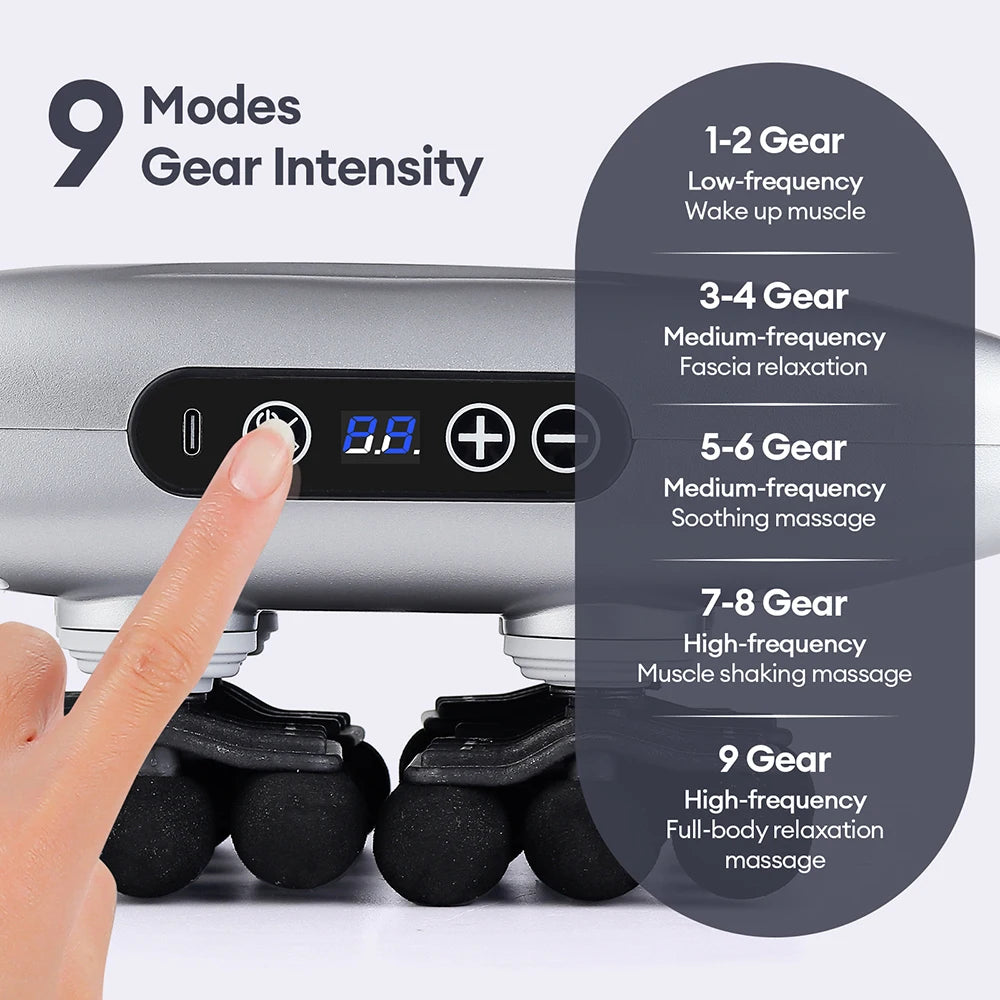 Massage device with digital display and gear intensity control, showing a hand adjusting the settings.