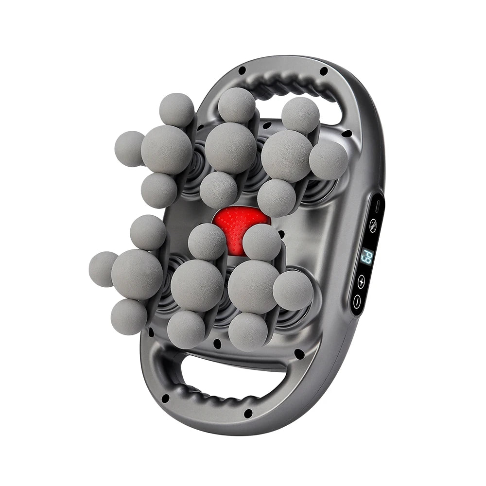 gray 22 head fascia massage gun with gray nodes and a red light center on a white background