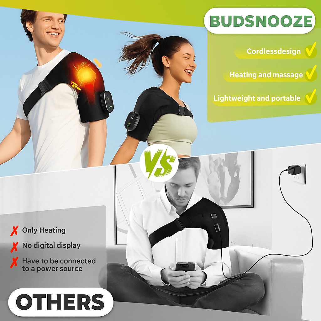 Comparison of BUDSNOOZE shoulder device with others, showing features like cordless design, heating, and massage.
