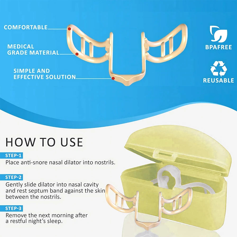 Anti-snore nasal dilator with packaging and usage instructions on a blue background