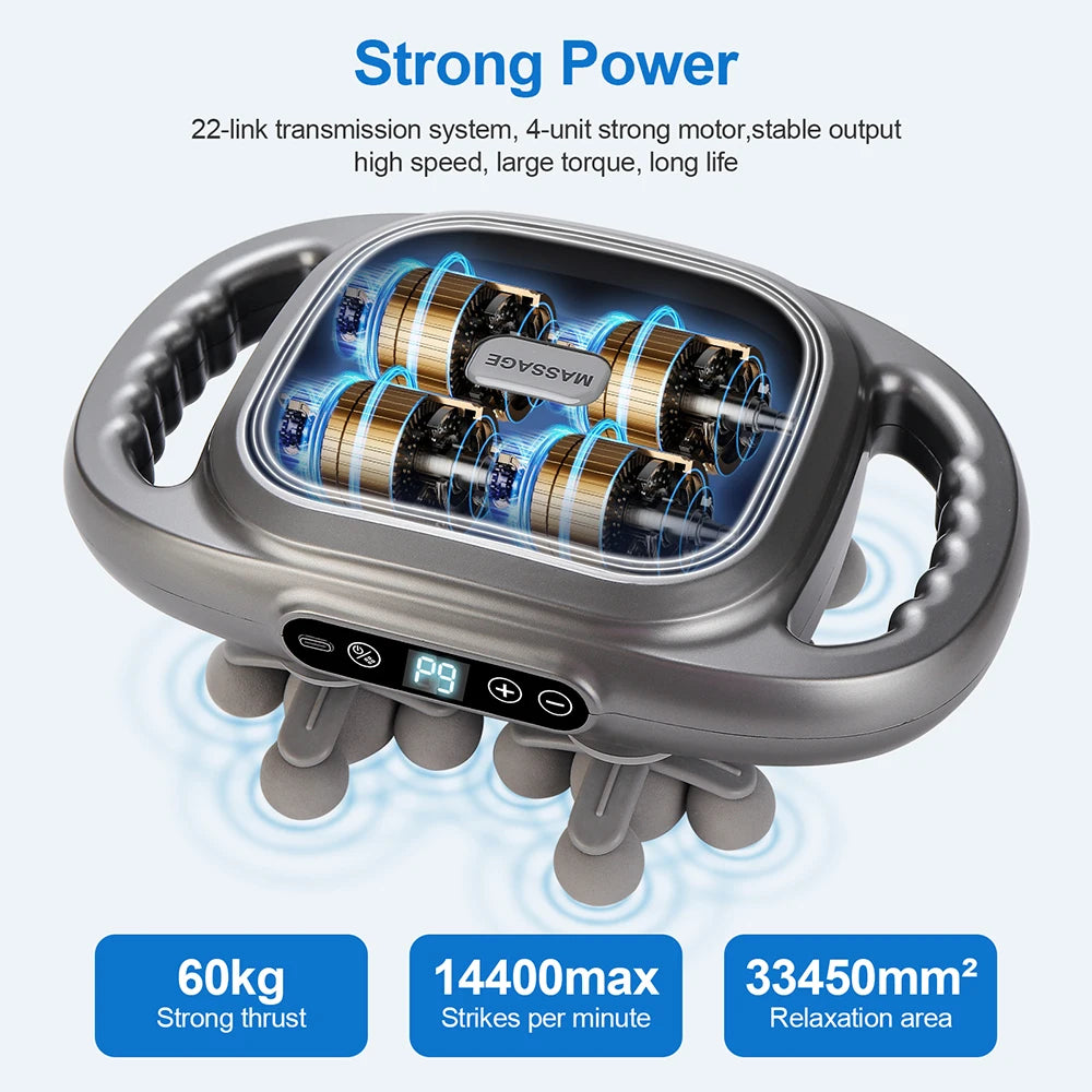 Massage device with text highlighting power and features on a light blue background