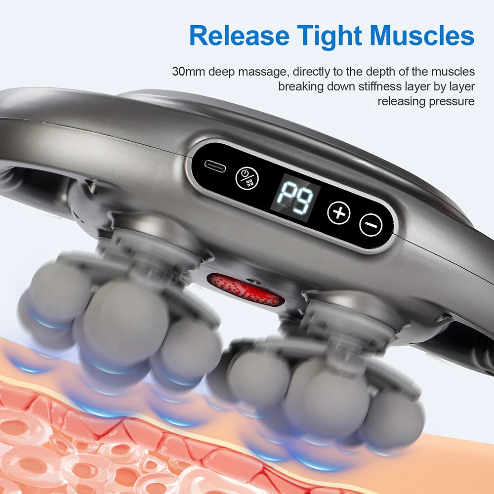 Massage device with digital display on a light blue background