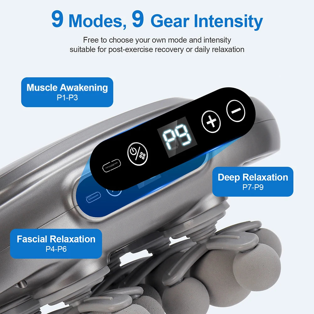Massage device with digital display and mode selection buttons on a white background