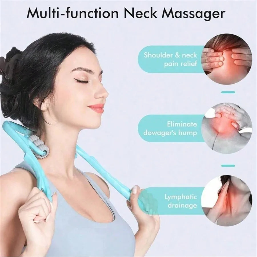 Woman using a multi-function neck massager with illustrations of its benefits on a light gray background.