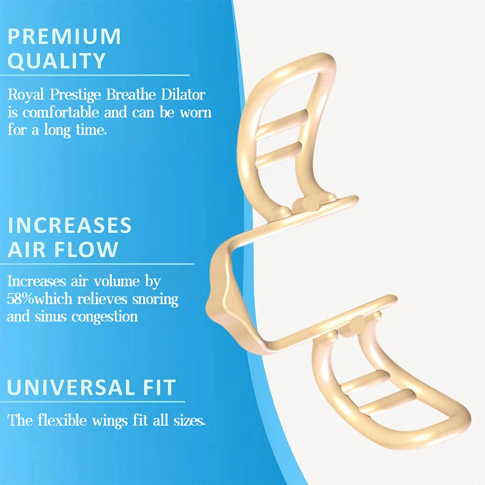 Gold nasal dilator device with text on a blue and white background