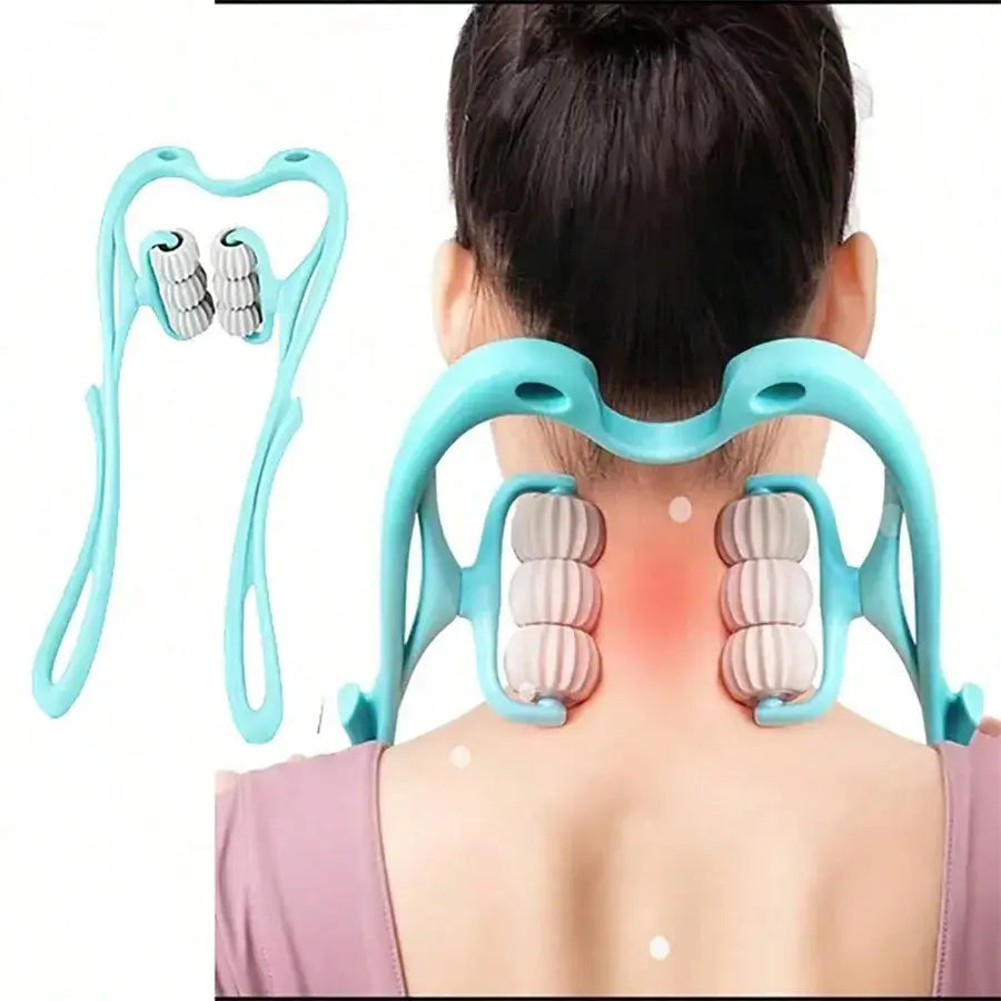 Person using a turquoise neck and shoulder massager with close-up inset.