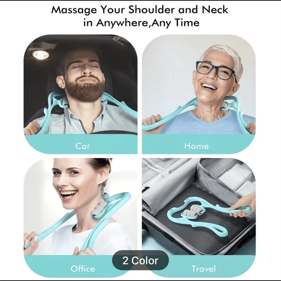 Neck and shoulder massager with usage scenarios in car, home, office, and travel.