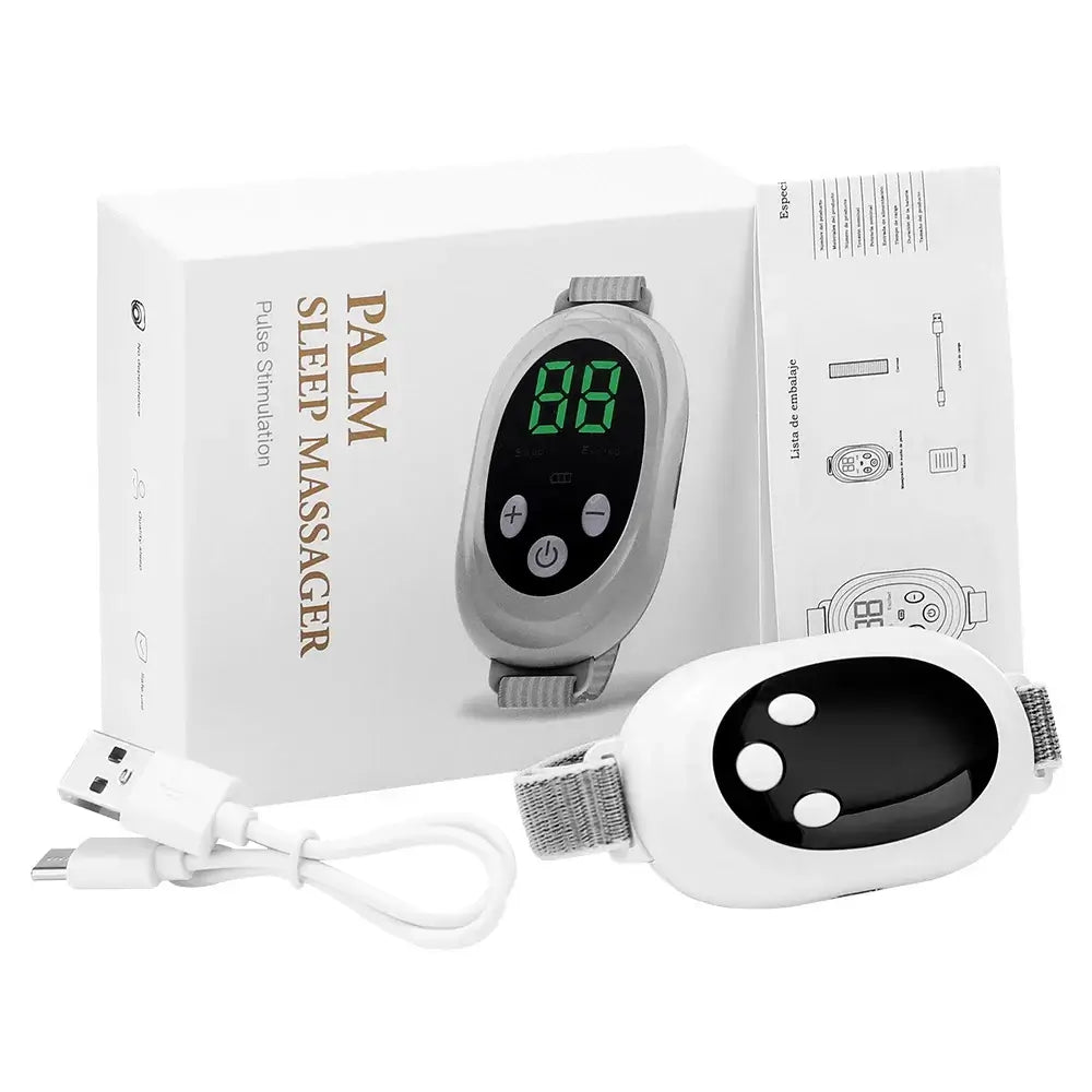 Palm sleep massager with USB cable and packaging on a white background