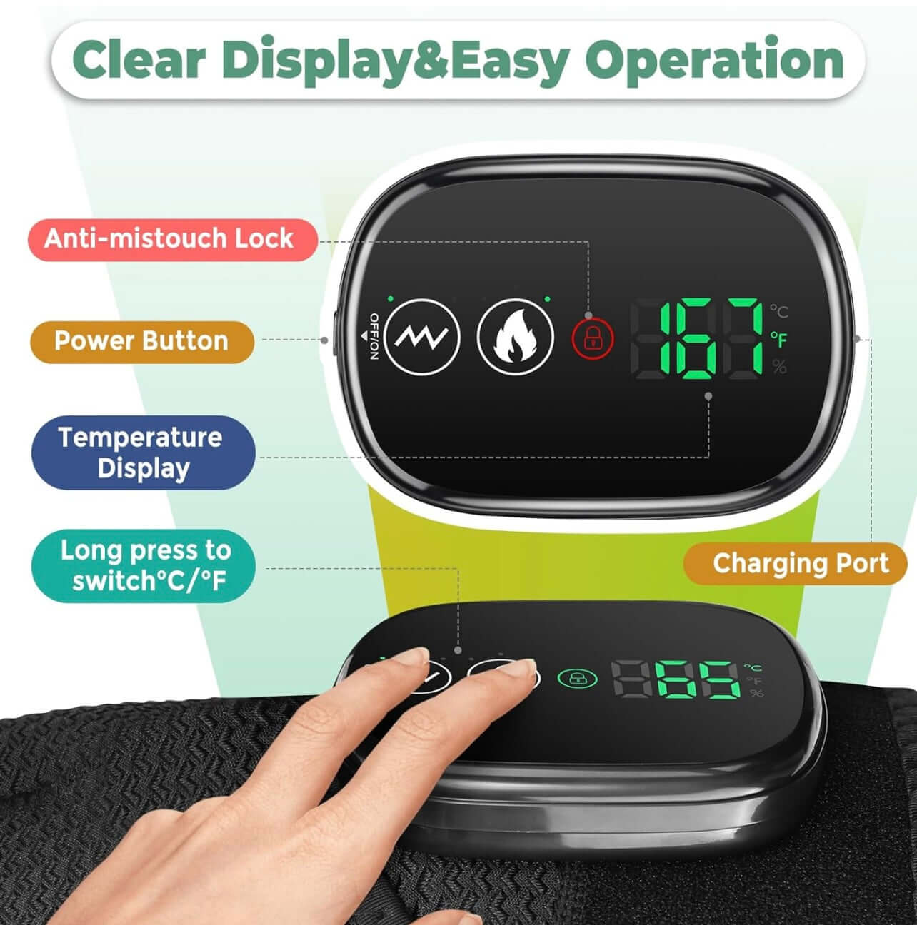 Digital thermometer with clear display and easy operation features on a light green background