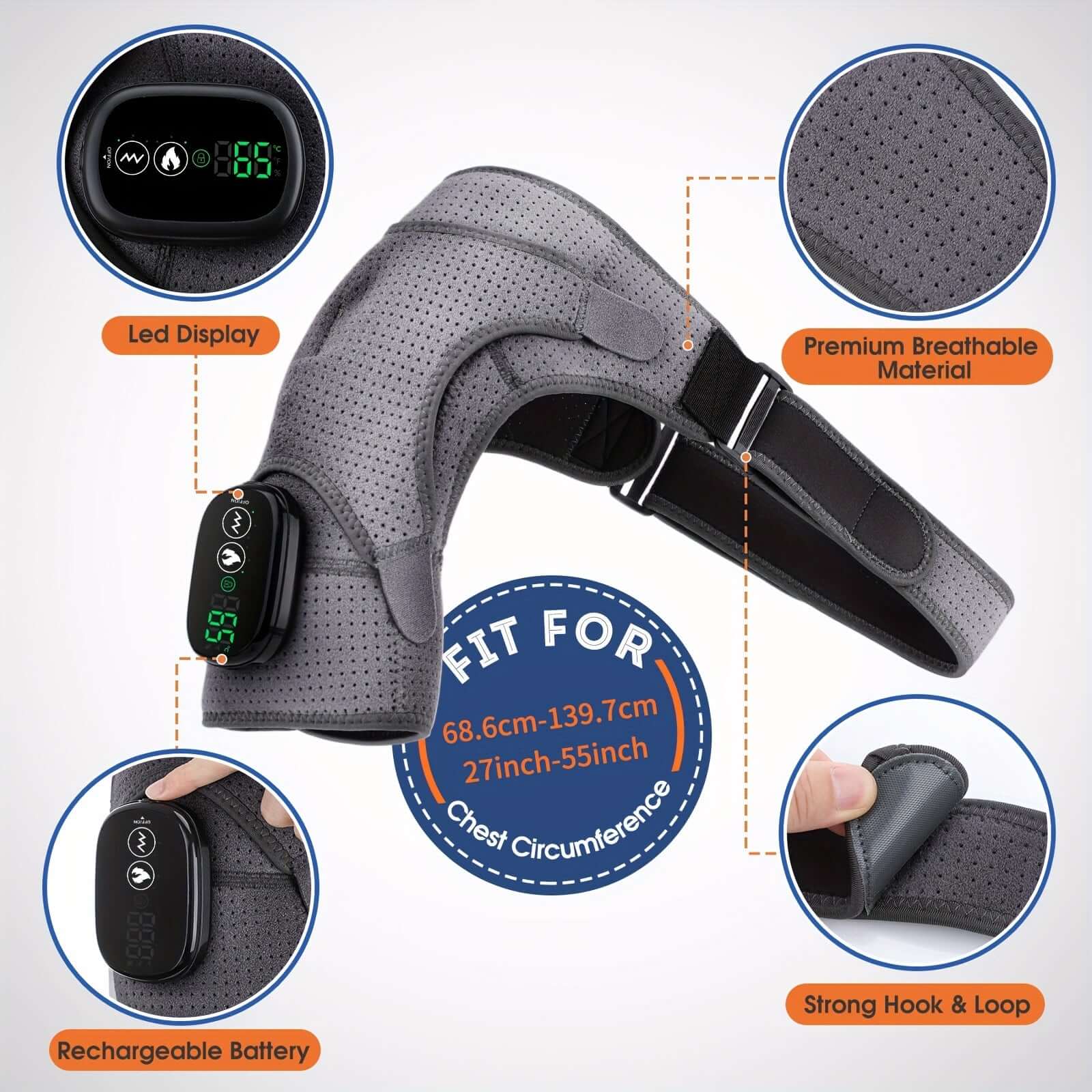 Gray adjustable chest strap with LED display and features highlighted on a white background