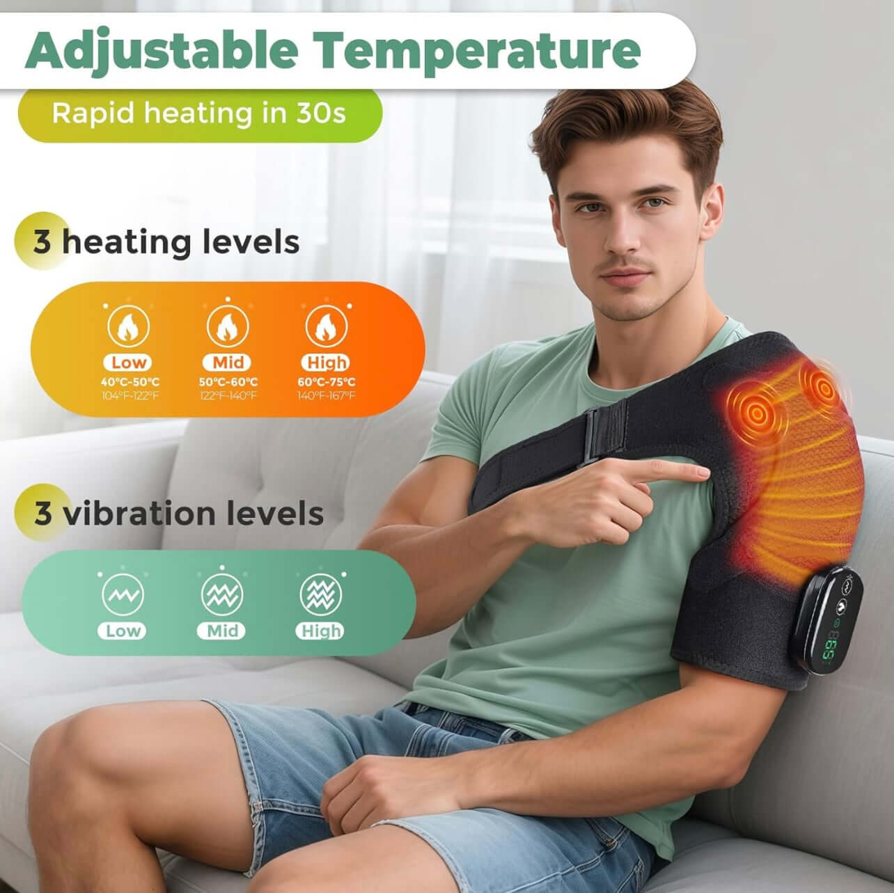 Person using a shoulder massager with adjustable temperature and vibration settings on a couch.