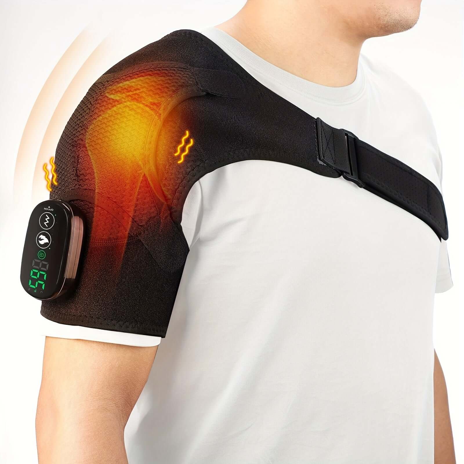 Person wearing a black shoulder brace with digital display on a white background