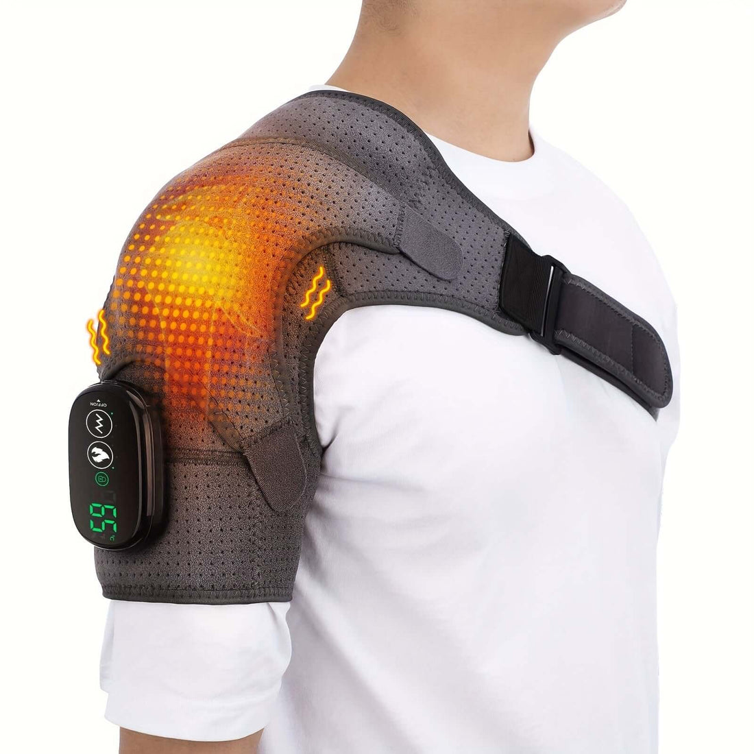 Person wearing a heated shoulder brace with digital display on a white background