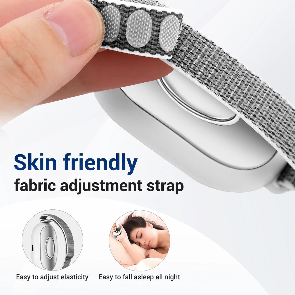 Fabric adjustment strap with text highlighting skin friendliness and comfort benefits on a white background.