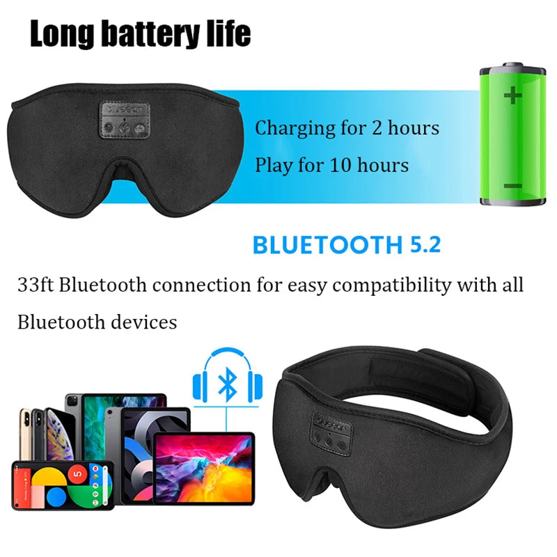 Black Bluetooth sleep mask with charging battery and compatibility with multiple devices on a white background