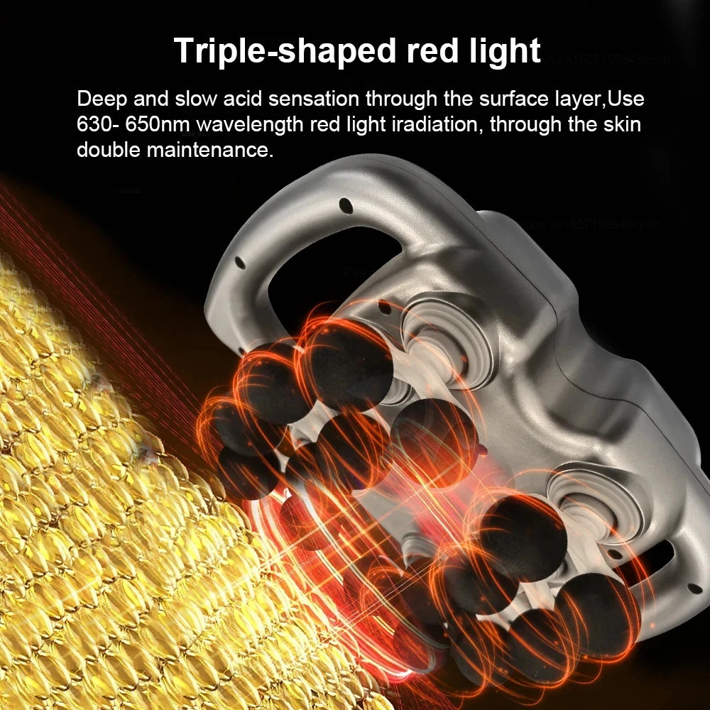 Silver 16 head fascia massage gun with red light emission on a black background