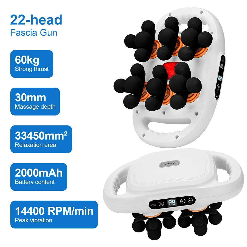 Fascia gun with 22 heads on a white background, featuring specifications.