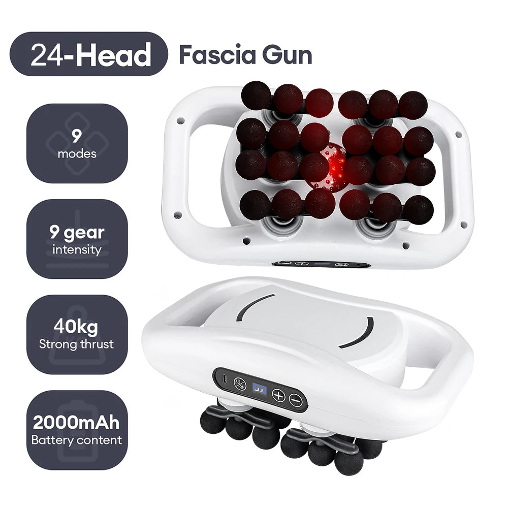 24-Head Fascia Gun with features highlighted on a white background