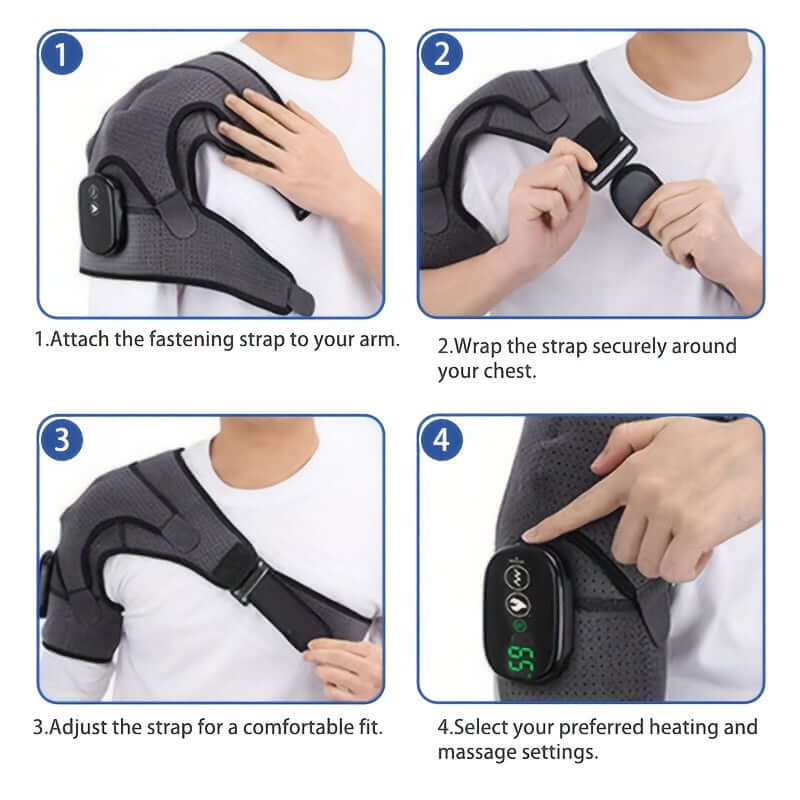 Instructions on how to use a shoulder massager with straps.
